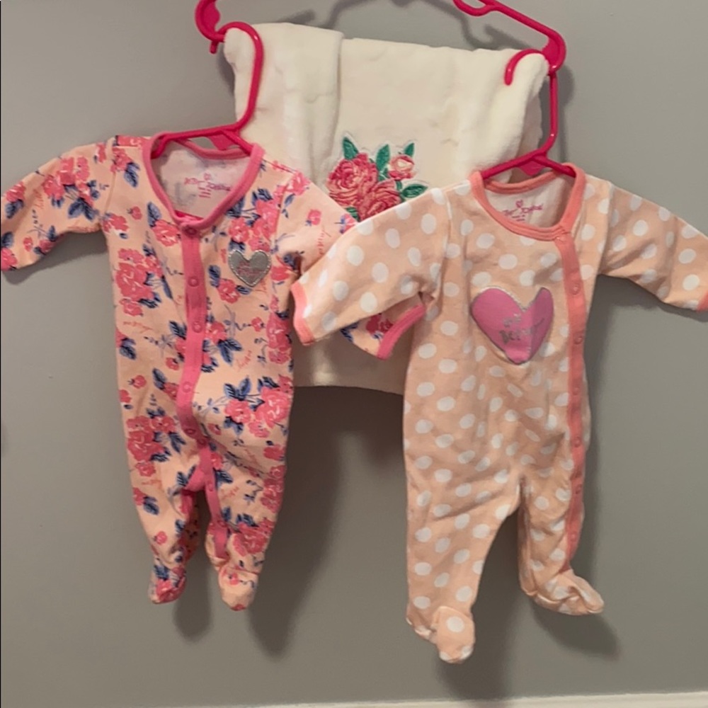 2 Betsy Johnson pj’s and a swaddler
